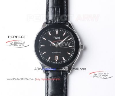 High Quality 42mm Piaget Polo Black Dial Black Leather Strap Swiss Replica Watches